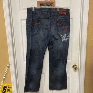 Ecko Unlimited Jeans Mens Size 42x32 Distressed Denim Embroidered Y2K